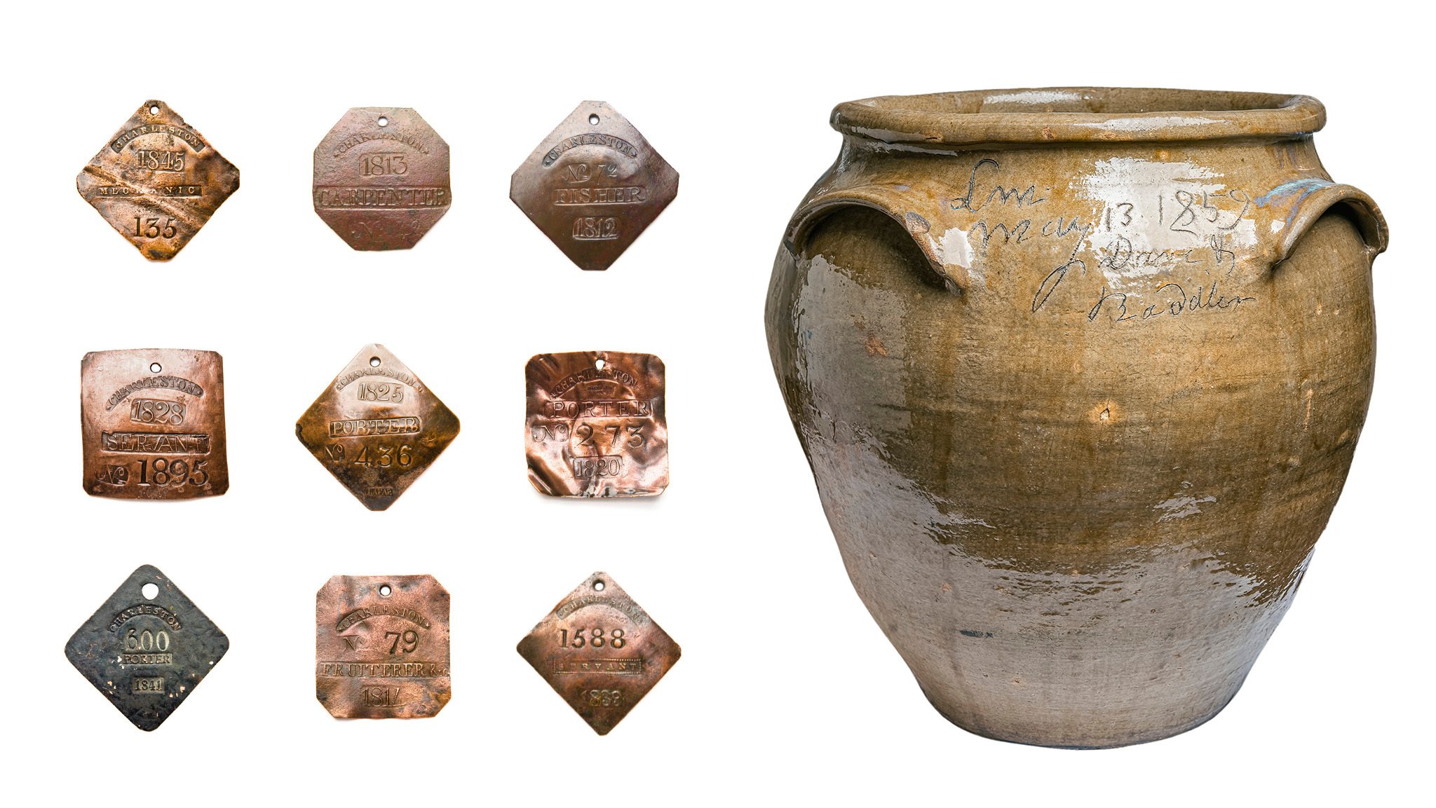 Copper slave badges were worn by enslaved people when hired out to others by their enslavers. Pottery on display exemplifies the craftsmanship of enslaved people working in the industry.