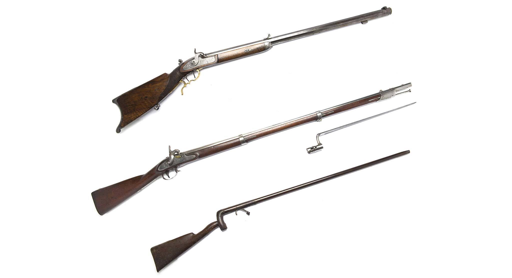 (From top to bottom) Target rifle: American, c. 1855; Springfield Model 1816 musket c. 1834; Cane (or “poacher’s”) gun with removable stock, c. 1827