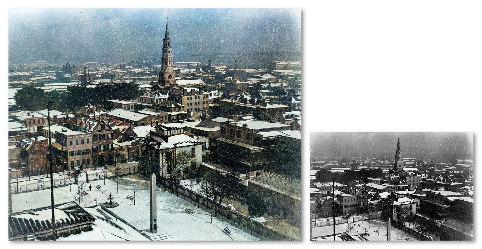 Snowy Rooftops of Charleston, 1899<br> Robert Achurch, 1866-1943<br> Climbing high above the city, Robert Achurch focused his camera on the parallel line between the Washington Light Infantry monument and St. Philip’s Church.
