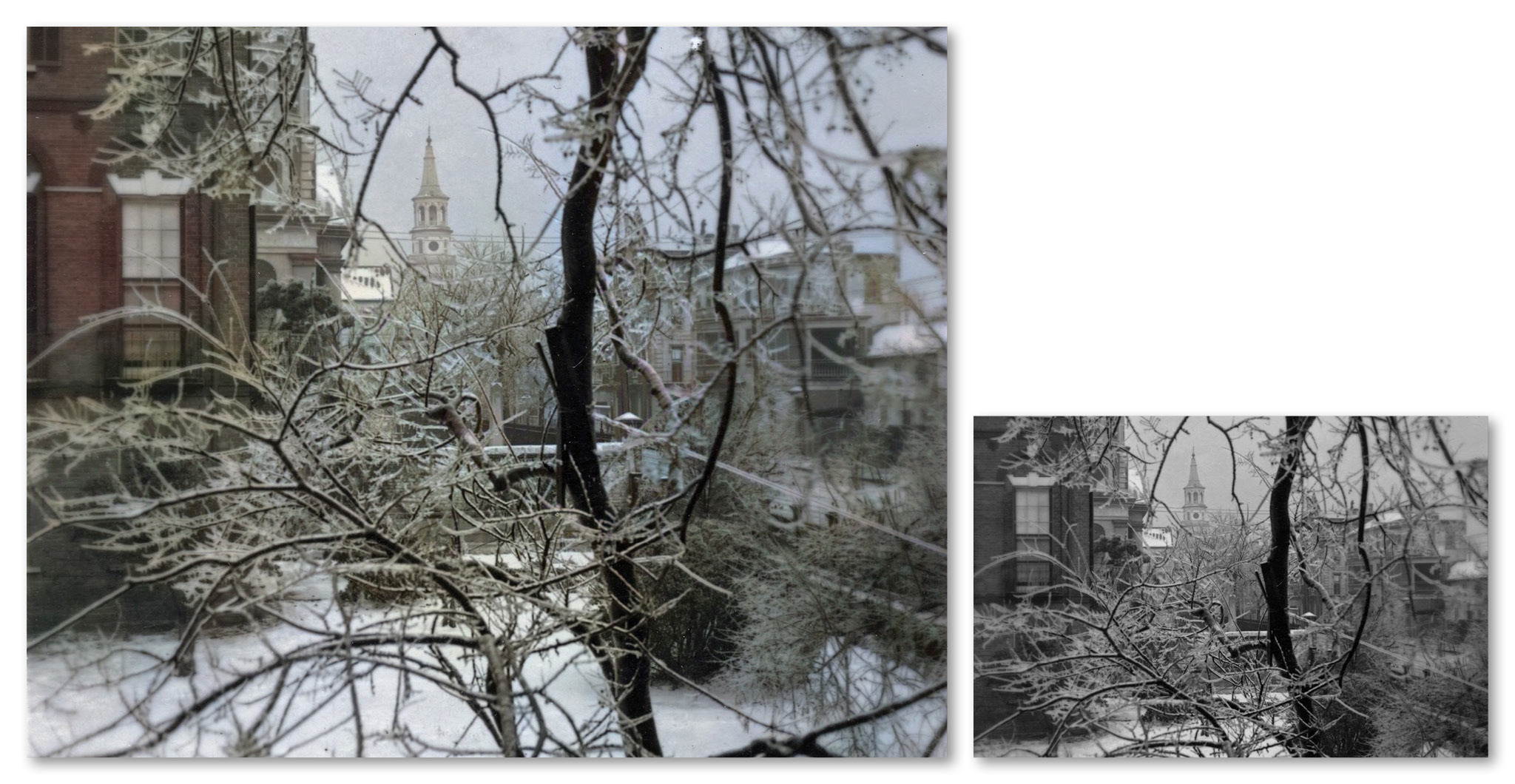 Icy Branches, undated <br> Morton Brailsford Paine, 1883-1940 <br> The steeple of St. Michael’s Episcopal Church is perfectly framed in the icy branches of a tree. Paine shot the image from a window at his house on 47 Meeting Street.