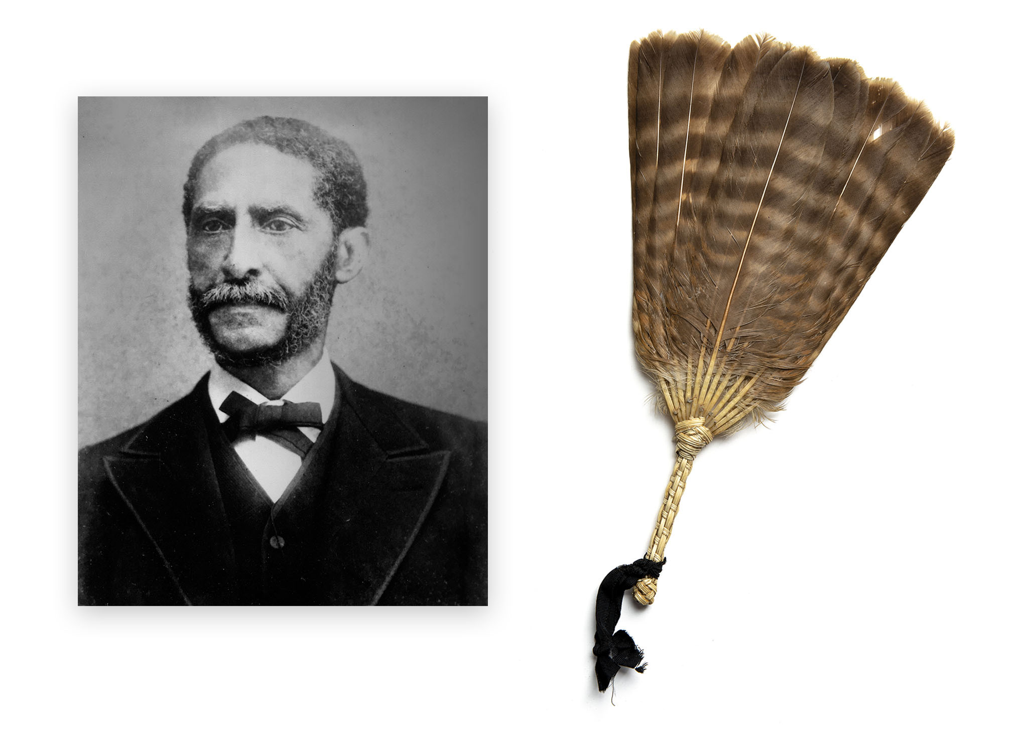 <b>Portrait of Tobias Scott, 1885–1890<b> (left)<br> Tobias Scott (1827–1904) was born with slave status on a James Island plantation, but his enslaver permitted him to make and sell fans in his spare time. Eventually, Scott was able to purchase his freedom and moved to a house in Charleston with his wife Christiana after the Civil War. Courtesy of the descendants of Tobias & Christiana Scott, 2015 <br><br><b>Fan, c. 1880</b> (right)<br> Scott’s talent can be clearly seen in the fine work on the fan handle and selection of well matched feathers. As written in an 1886 Charleston News and Courier article, a visitor to Scott’s shop at 17 Water Street noted the fans of all plumages were of a “rare and exquisite beauty.”