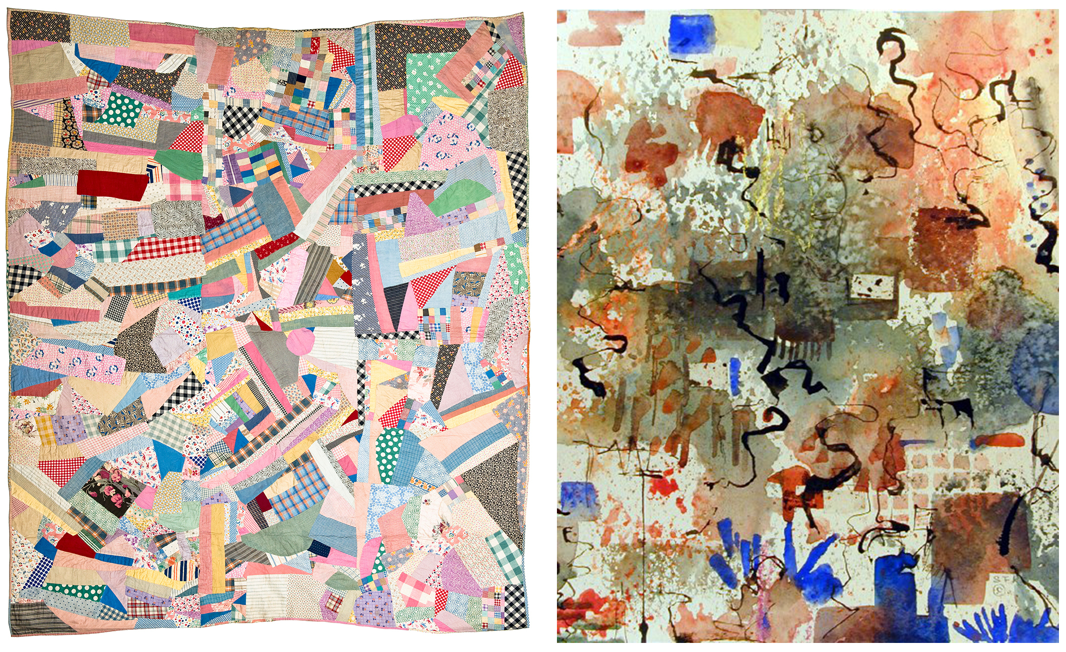 (left) Scrap Quilt, 1934<br>(right) <i>Untitled</i>  (Abstract) by Sallie Frost Knerr, ca. 1970s